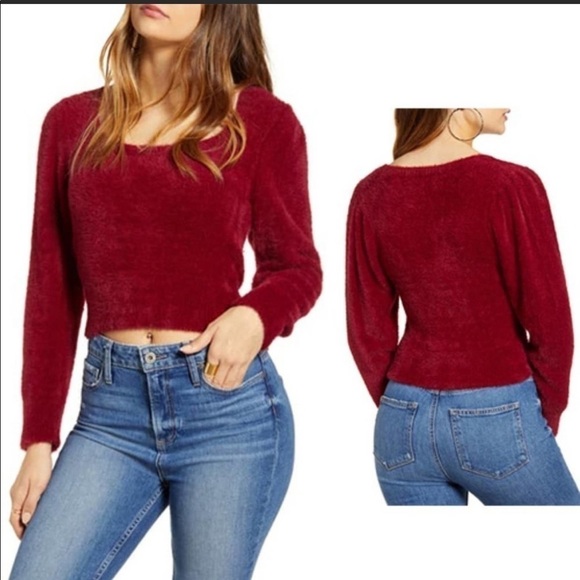 ASTR the label red fuzzy crop sweater puff sleeve - Picture 1 of 7